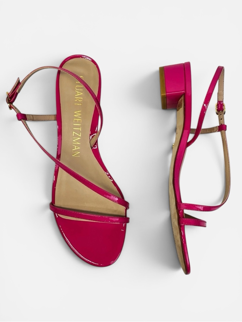 Stuart Weitzman Patent Leather Low Heel Sandal Women 8 Bright Pink